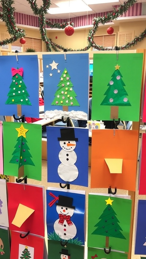 A collection of creative Christmas cards made by kids, showcasing different designs and colors.